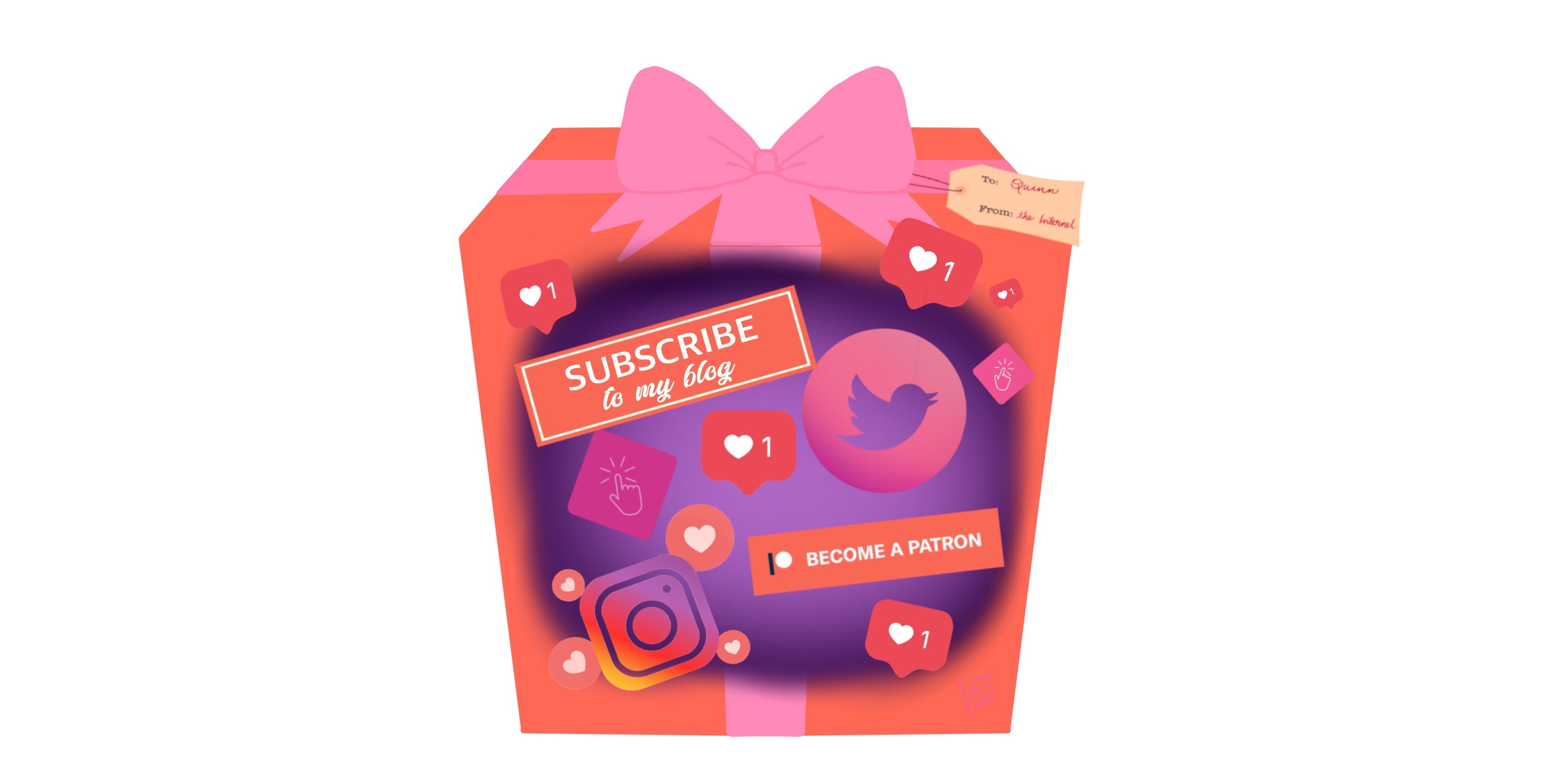 A pink-wrapped gift box filled with buttons and Instagram likes and other social media shares. Artwork.